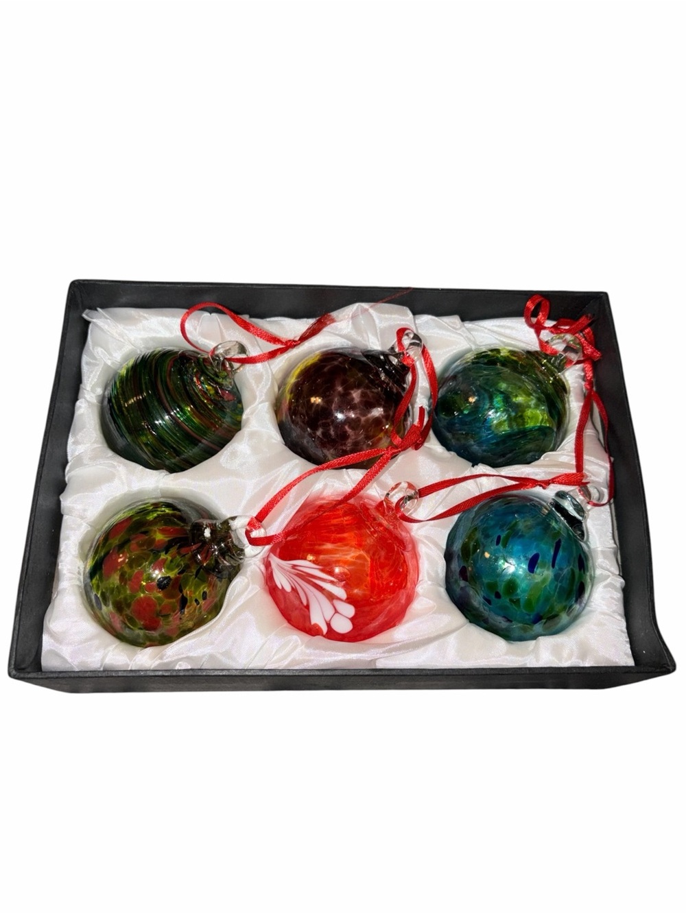 Hand Blown Art Glass Christmas Ornament 6 pc Multicolor Jewel Tone Gift Swirl